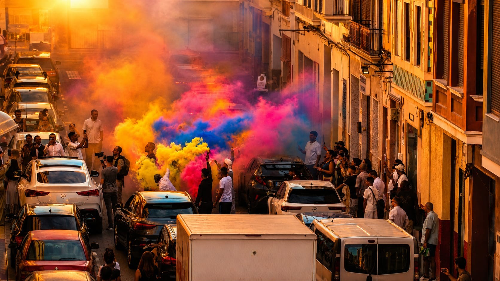 Celebración en el Carrer Nou entre humo azul, rosa y amarillo
