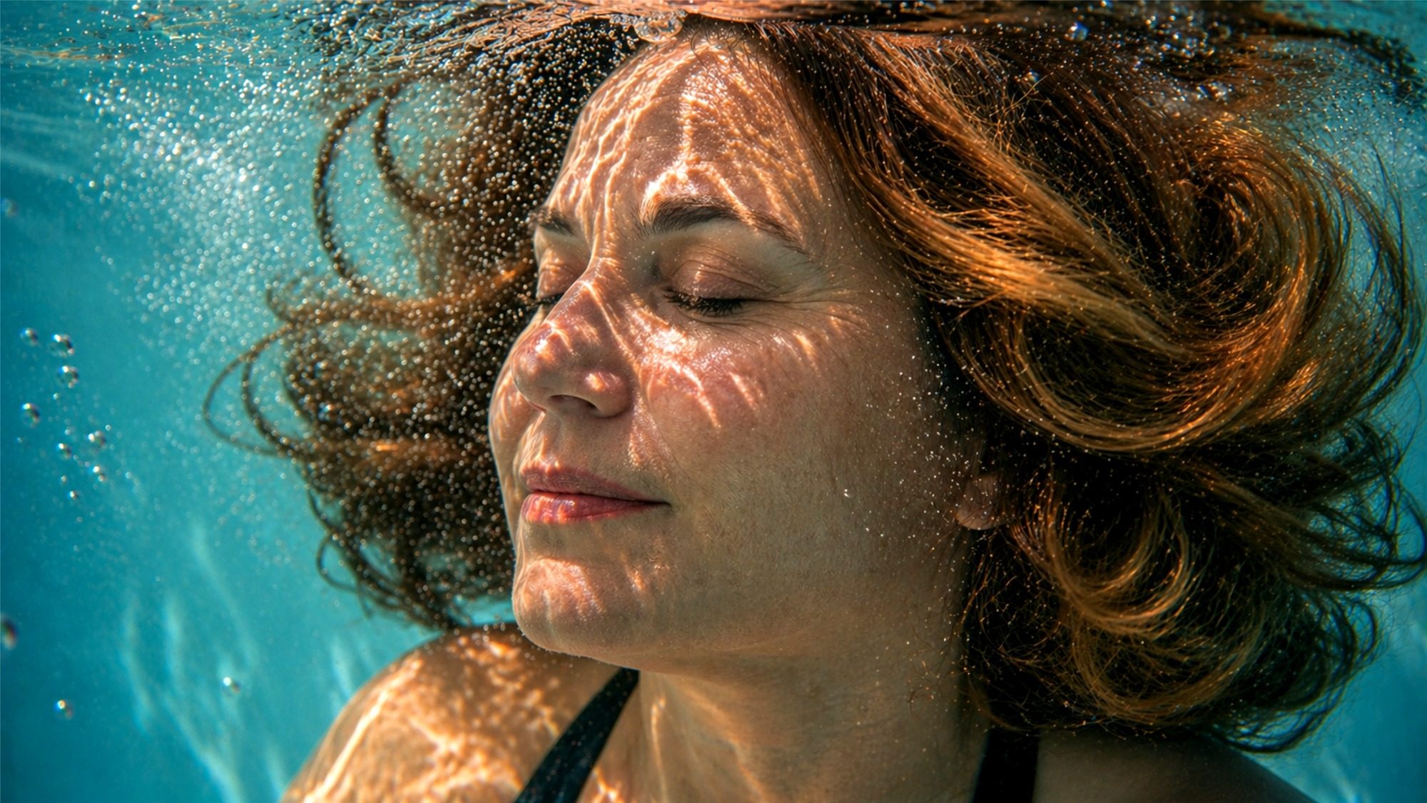 Mujer con cabello rizado, sumergida en agua, con los ojos cerrados y expresión serena.