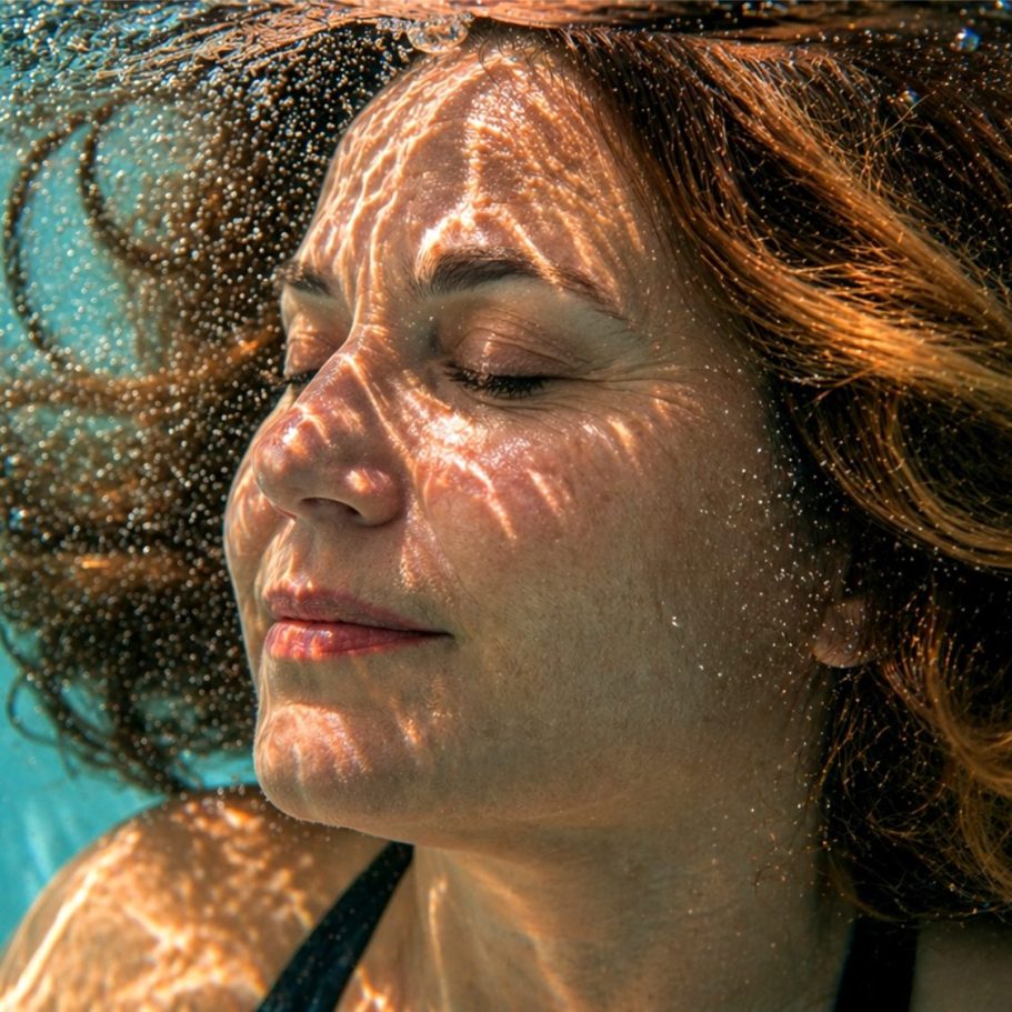 Mujer con cabello castaño flotando bajo el agua, con luz reflejándose en su rostro.