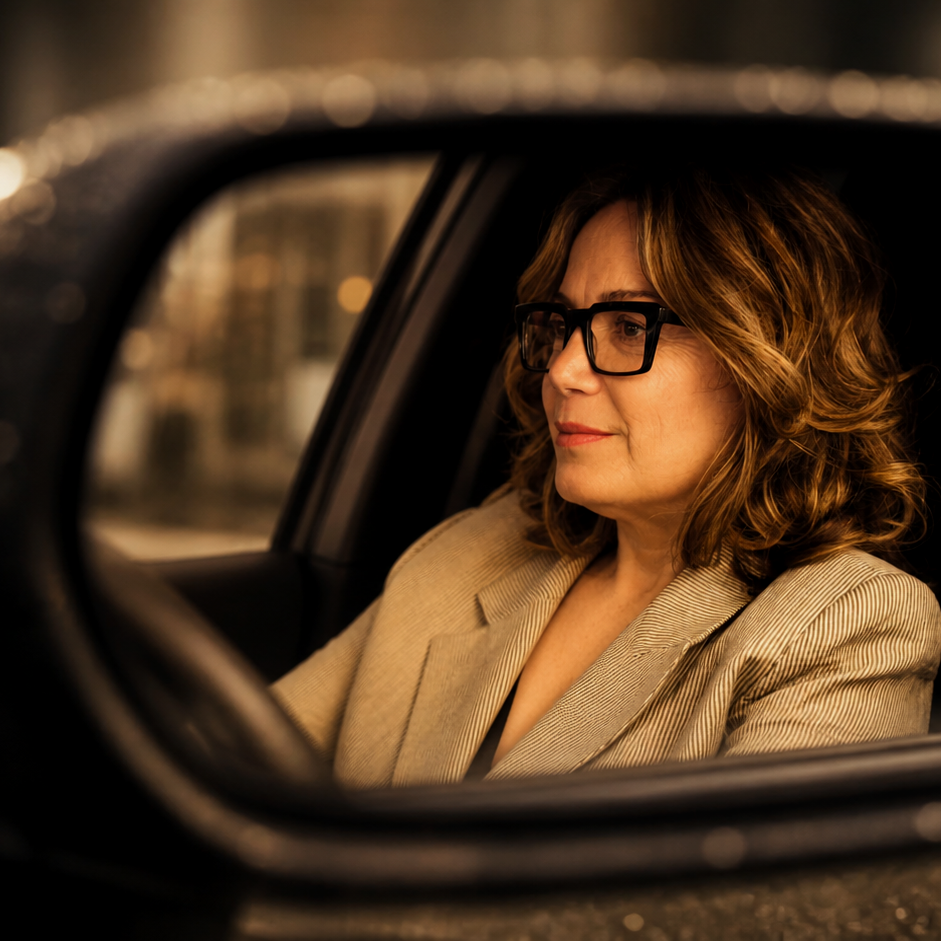 Mujer con gafas en el asiento del conductor, mirando por el retrovisor.