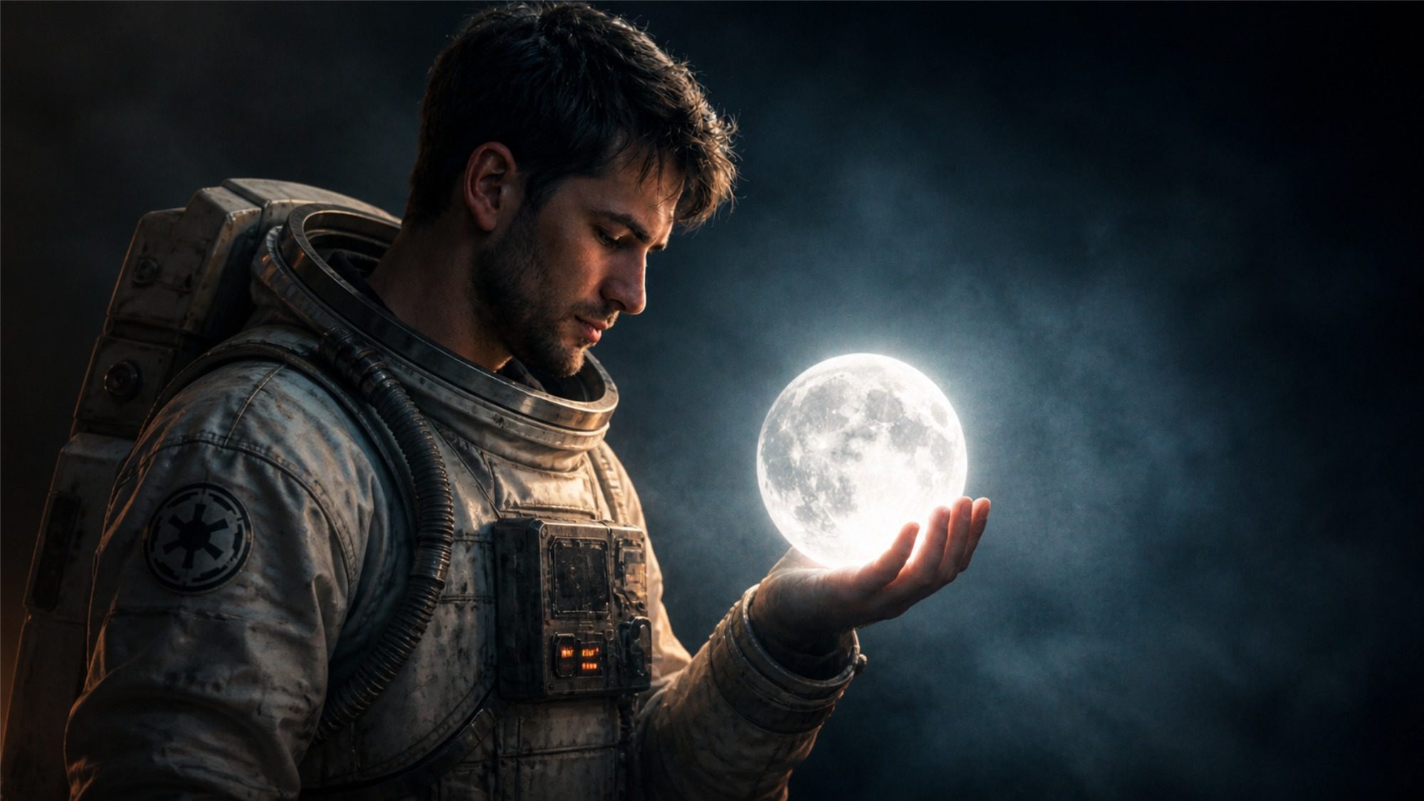 Astronauta sosteniendo una esfera brillante que representa la luna en un fondo oscuro.